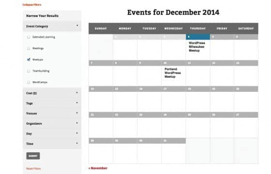 The Events Calendar Filter Bar